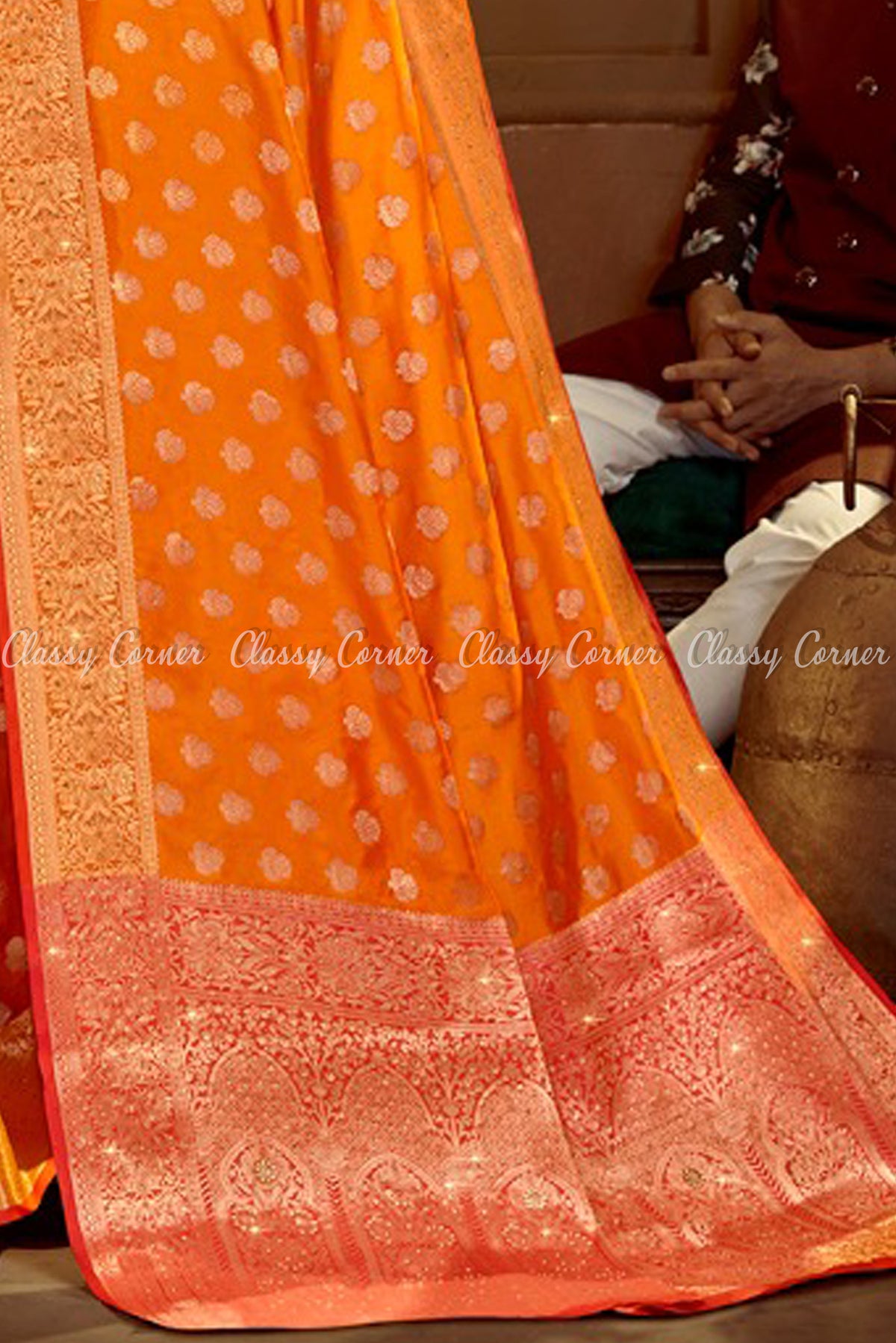 Hena Orange Silk Banarasi Saree with Golden Zari Work - Classy Corner