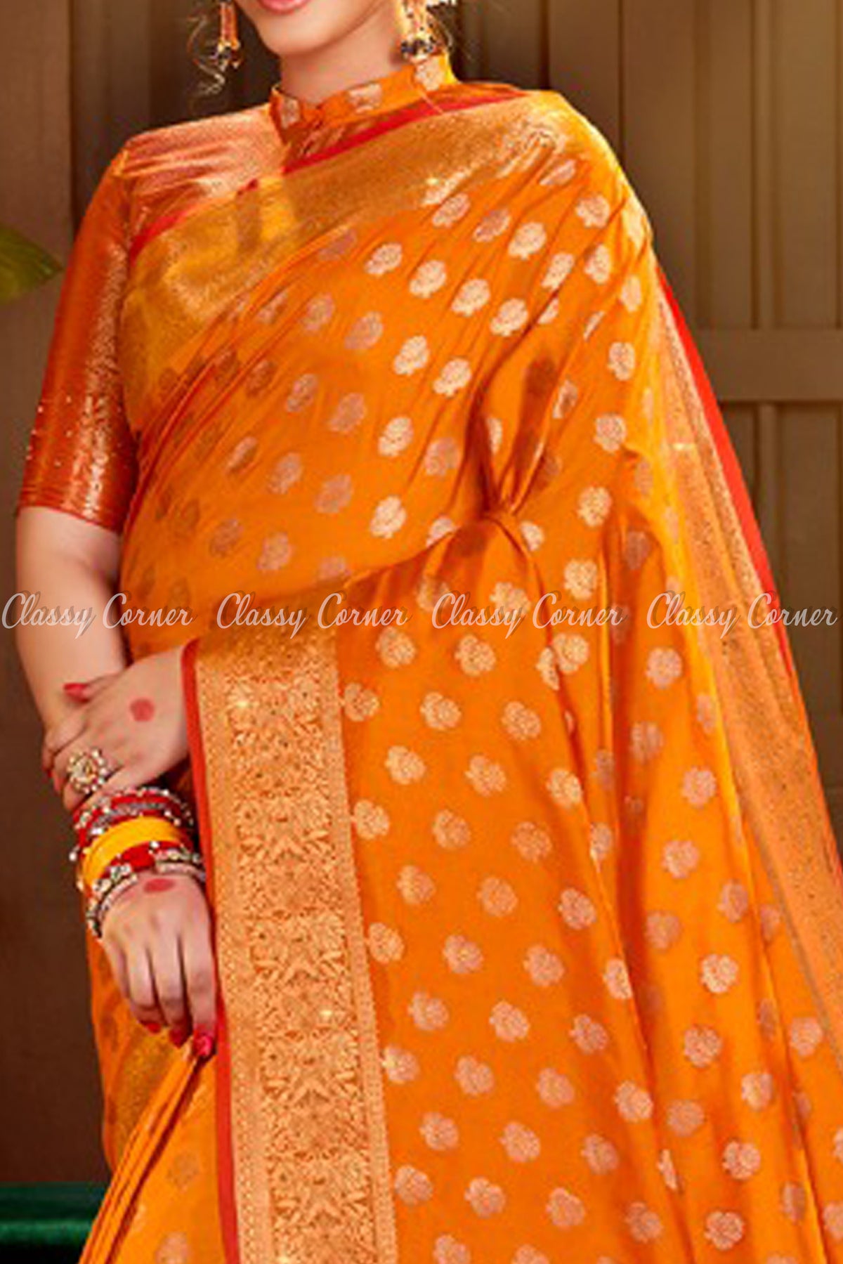 Hena Orange Silk Banarasi Saree with Golden Zari Work - Classy Corner