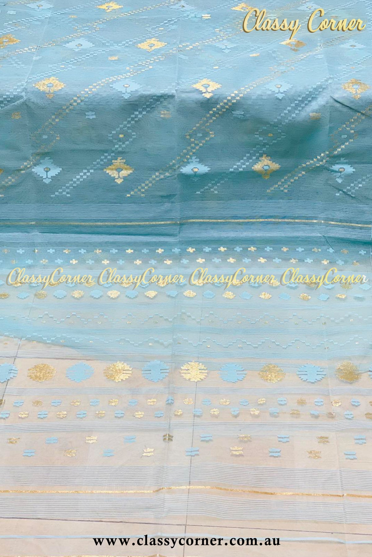 Light Blue Gold Jamdanee Saree - Classy Corner