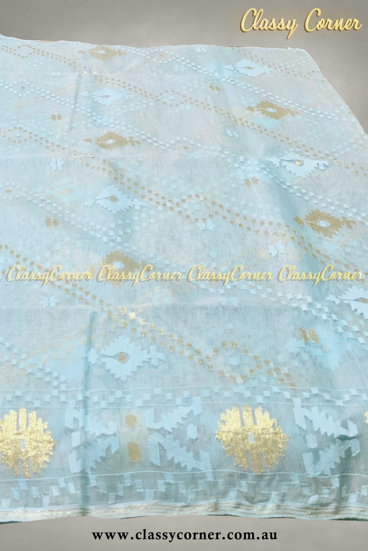 Light Blue Gold Jamdanee Saree - Classy Corner