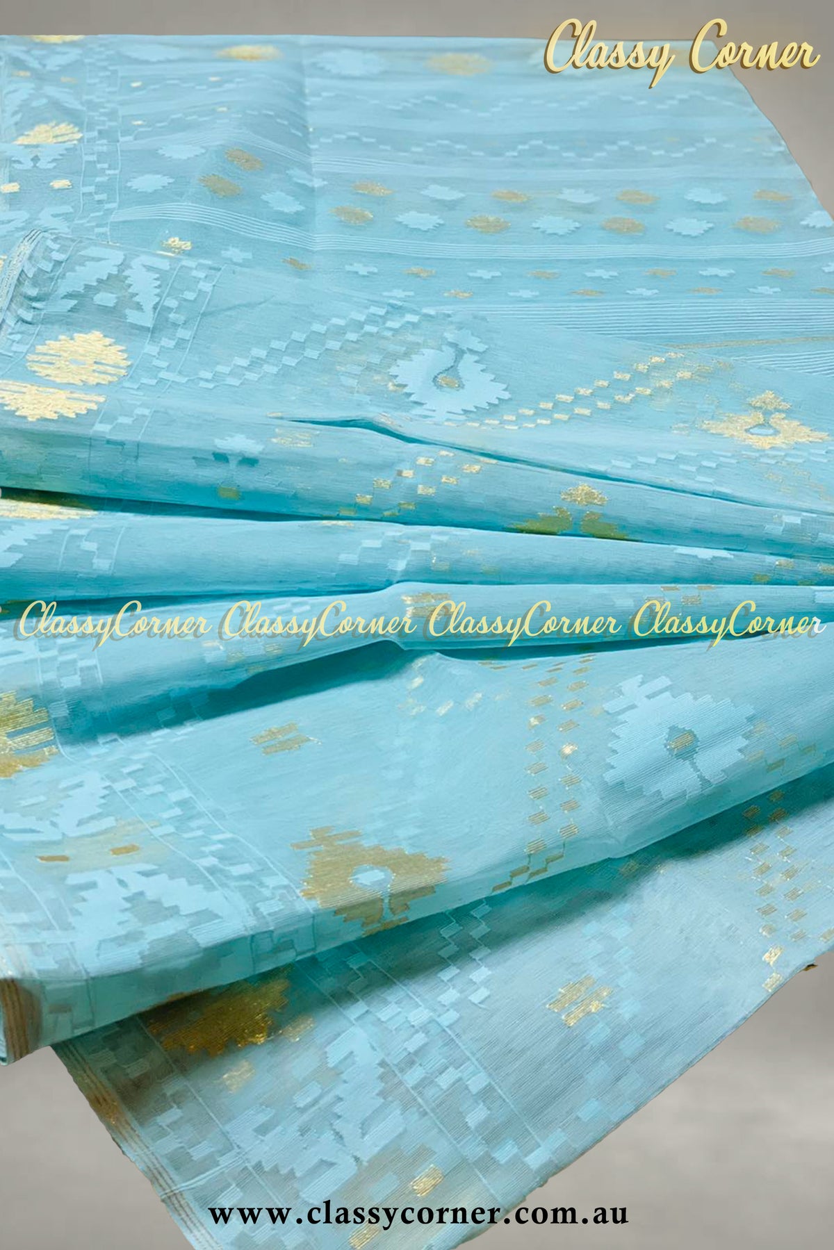 Light Blue Gold Jamdanee Saree - Classy Corner