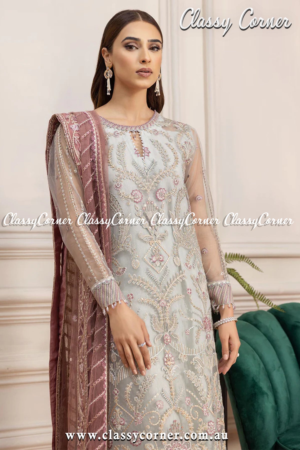 Light Gray Pink Net Salwar Kameez - Classy Corner