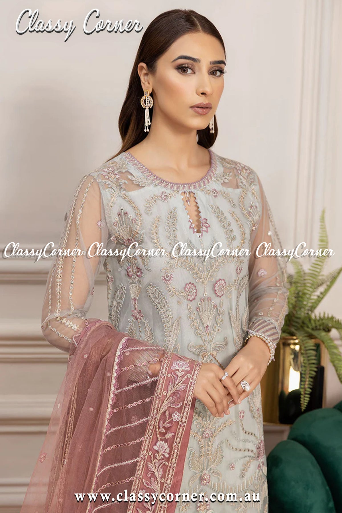 Light Gray Pink Net Salwar Kameez - Classy Corner