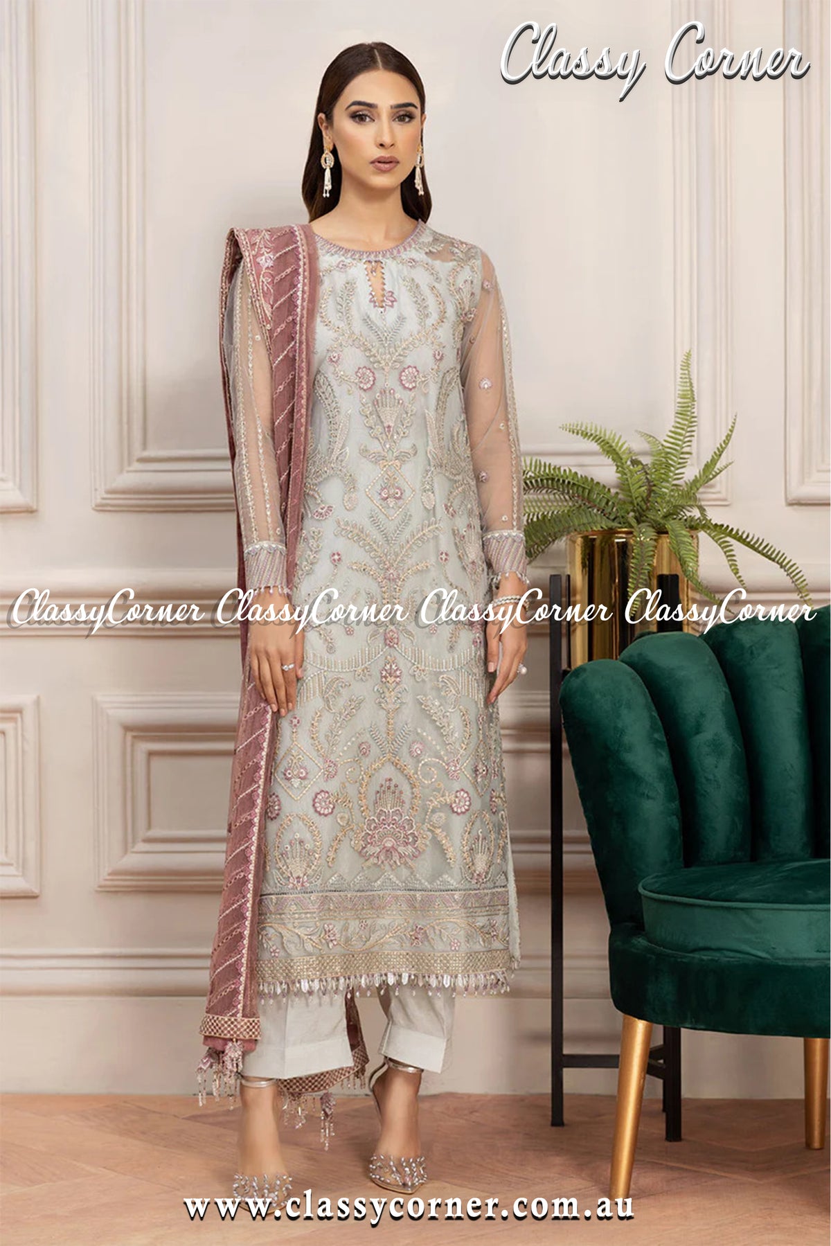 Light Gray Pink Net Salwar Kameez - Classy Corner