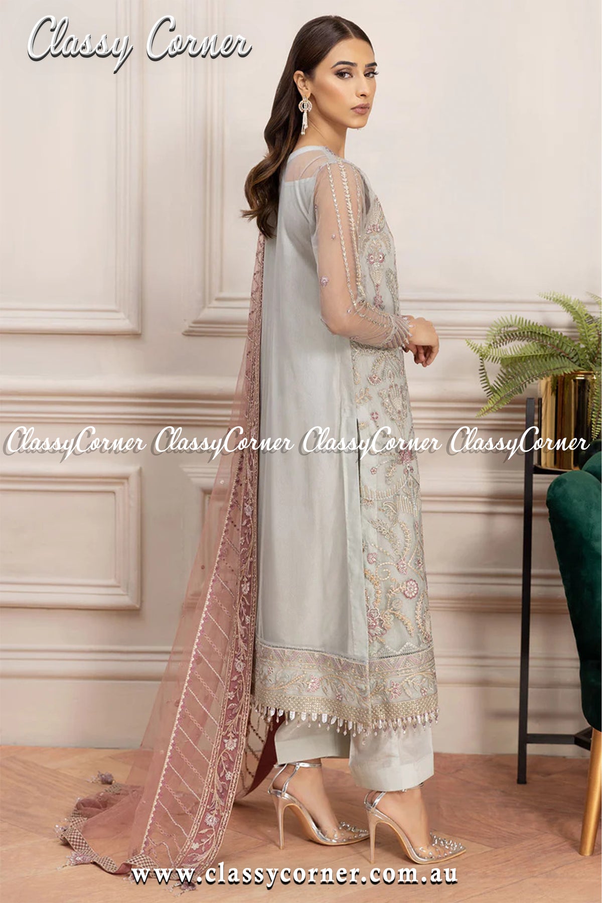 Light Gray Pink Net Salwar Kameez - Classy Corner