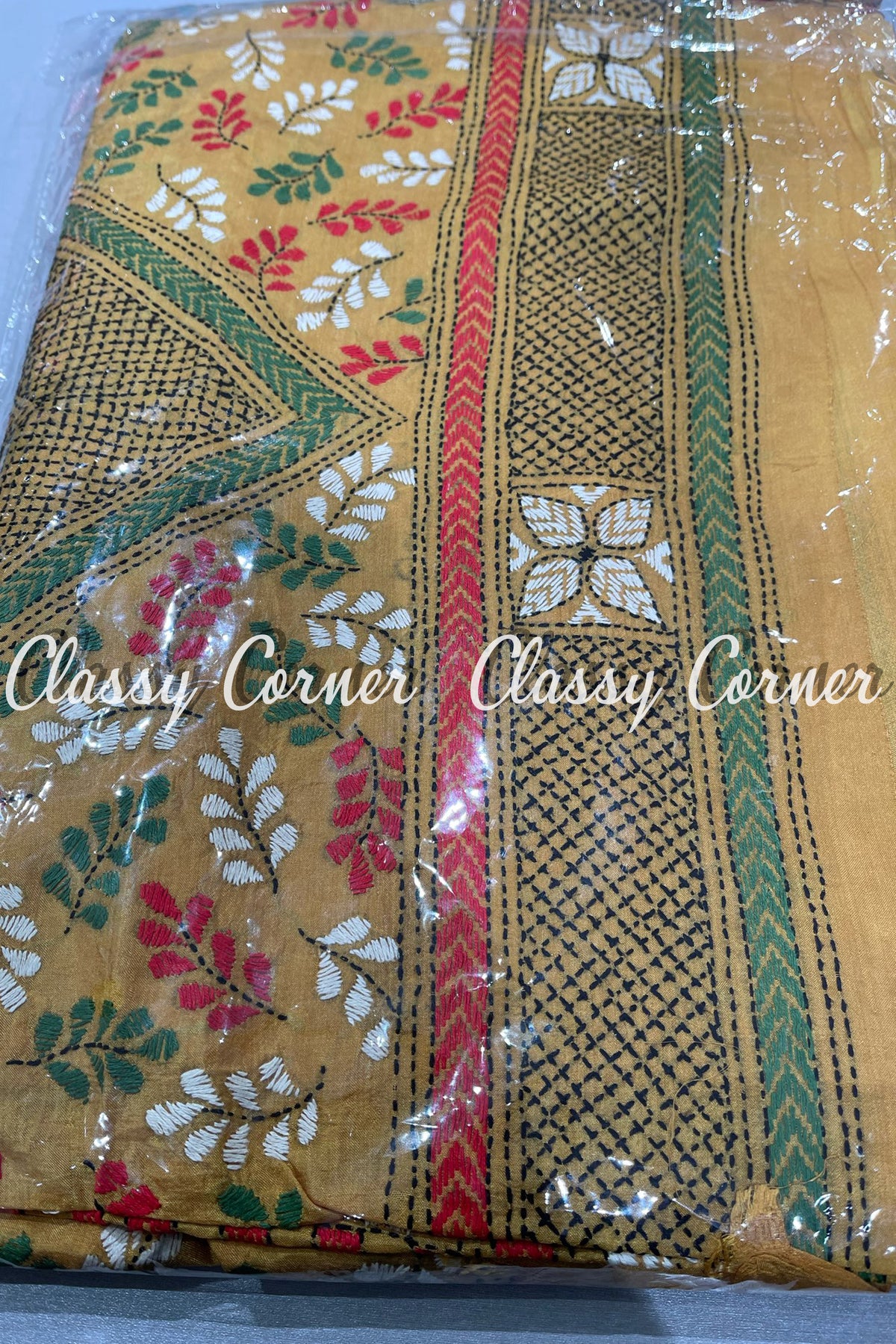 Marigold Multicolour Pure Silk Kantha Stitch Saree - Classy Corner