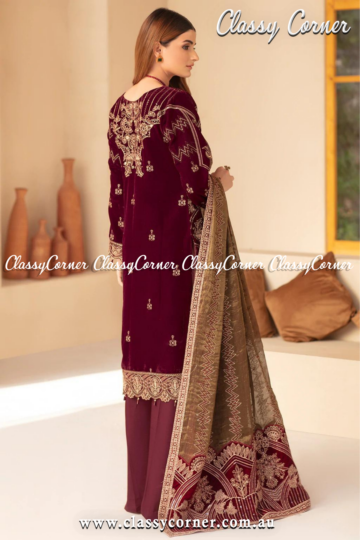 Maroon Beige Velvet Pakistani 3pc Suit - Classy Corner