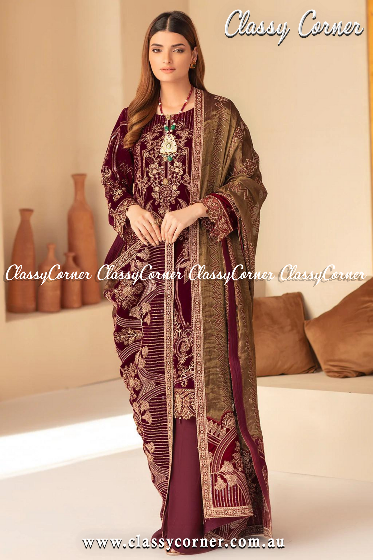 Maroon Beige Velvet Pakistani 3pc Suit - Classy Corner