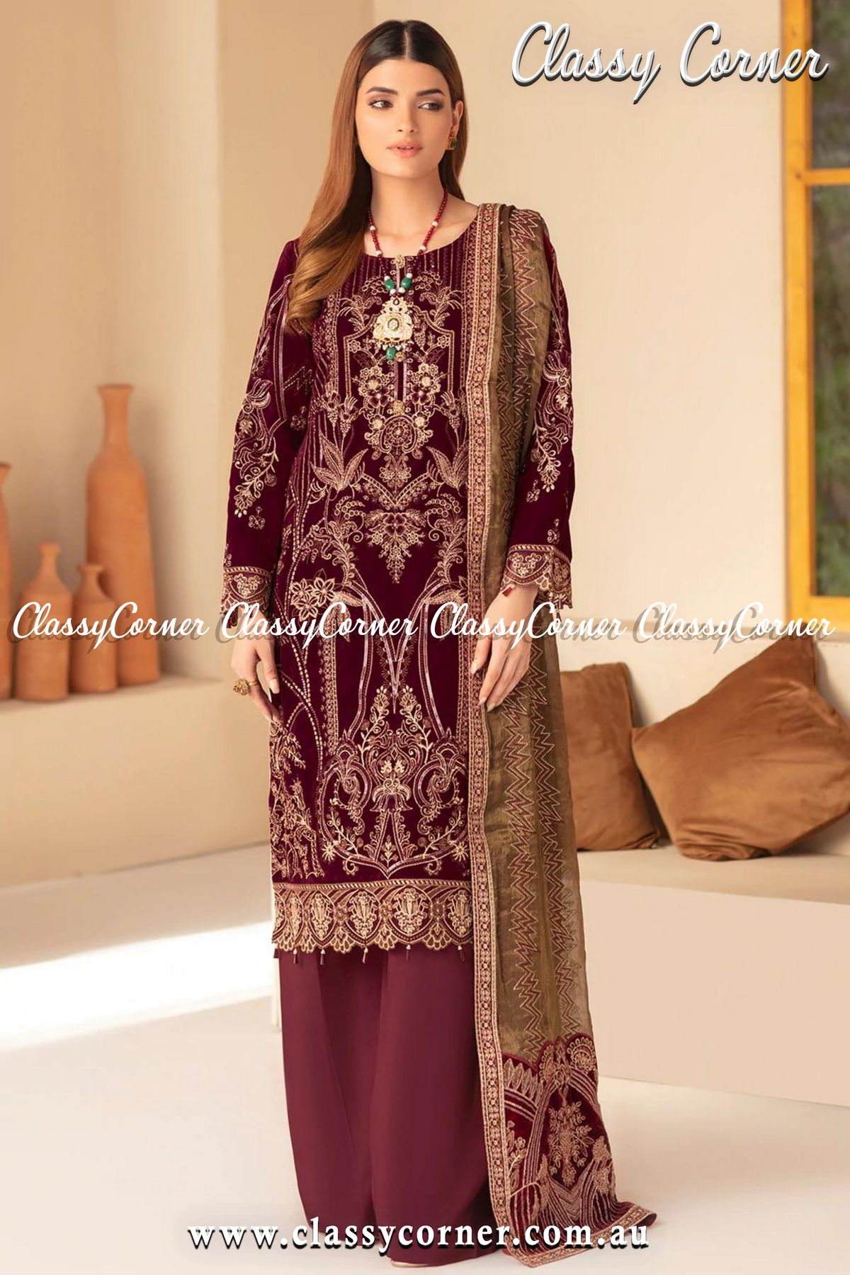 Maroon Beige Velvet Pakistani 3pc Suit - Classy Corner