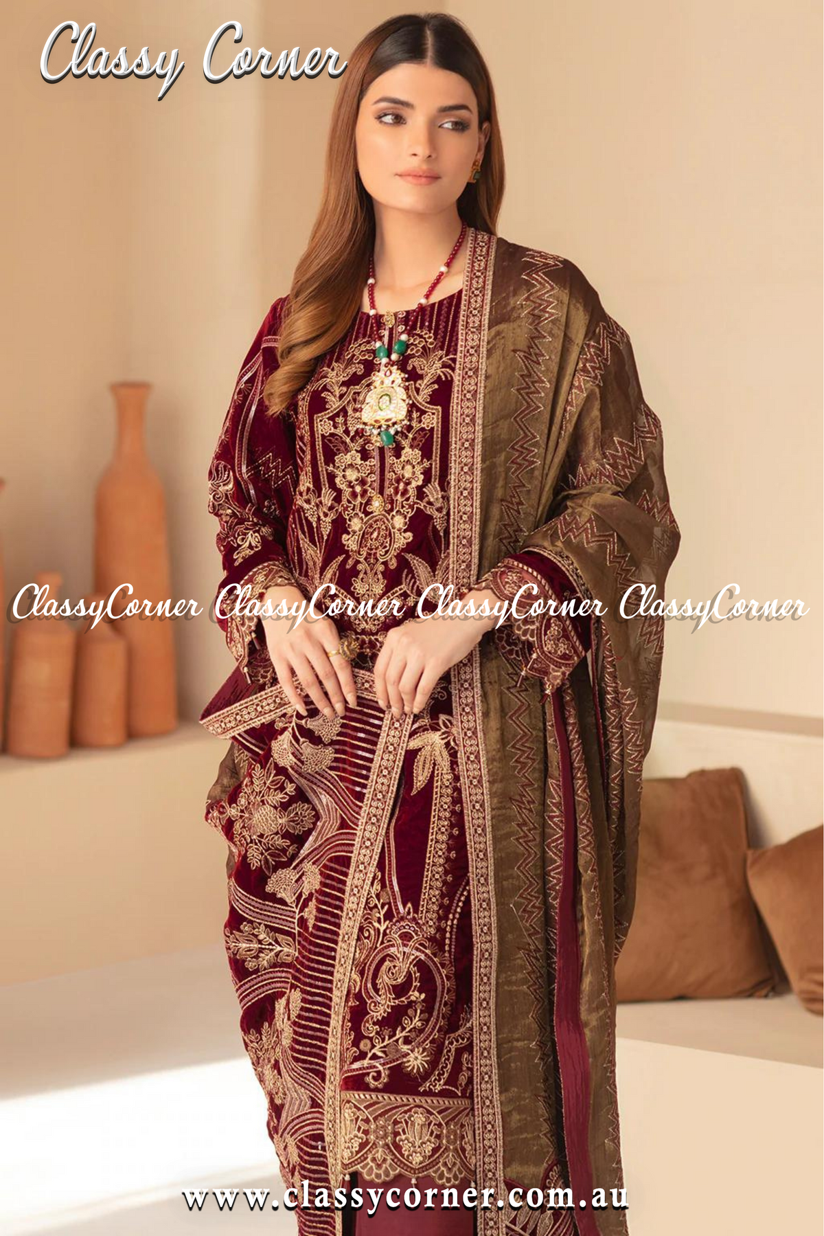 Maroon Beige Velvet Pakistani 3pc Suit - Classy Corner