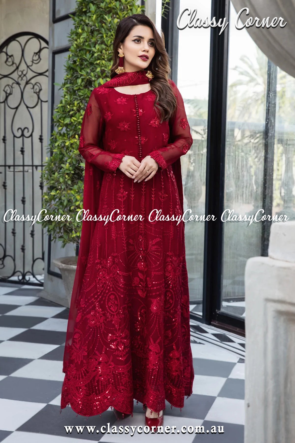 Maroon Chiffon Pakistani Lehenga Outfit - Classy Corner