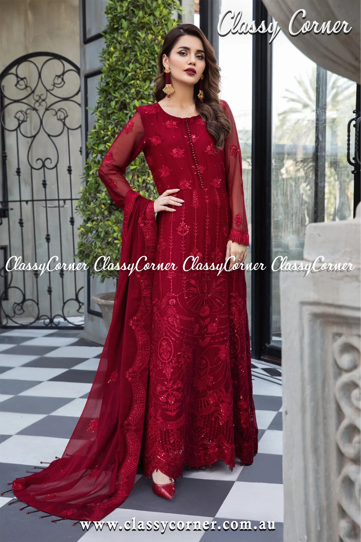 Maroon Chiffon Pakistani Lehenga Outfit - Classy Corner