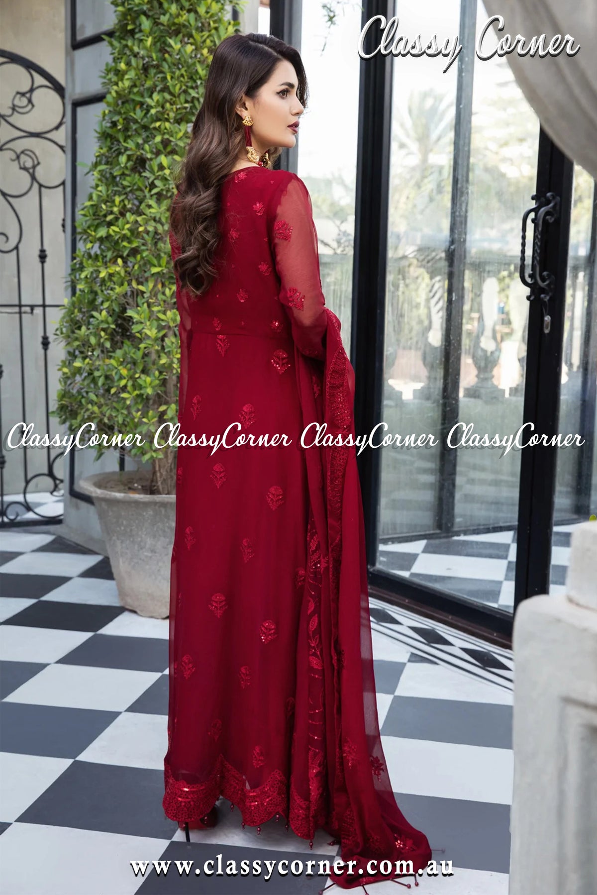 Maroon Chiffon Pakistani Lehenga Outfit - Classy Corner