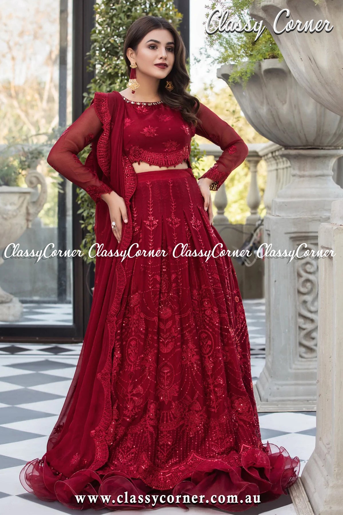 Maroon Chiffon Pakistani Lehenga Outfit - Classy Corner