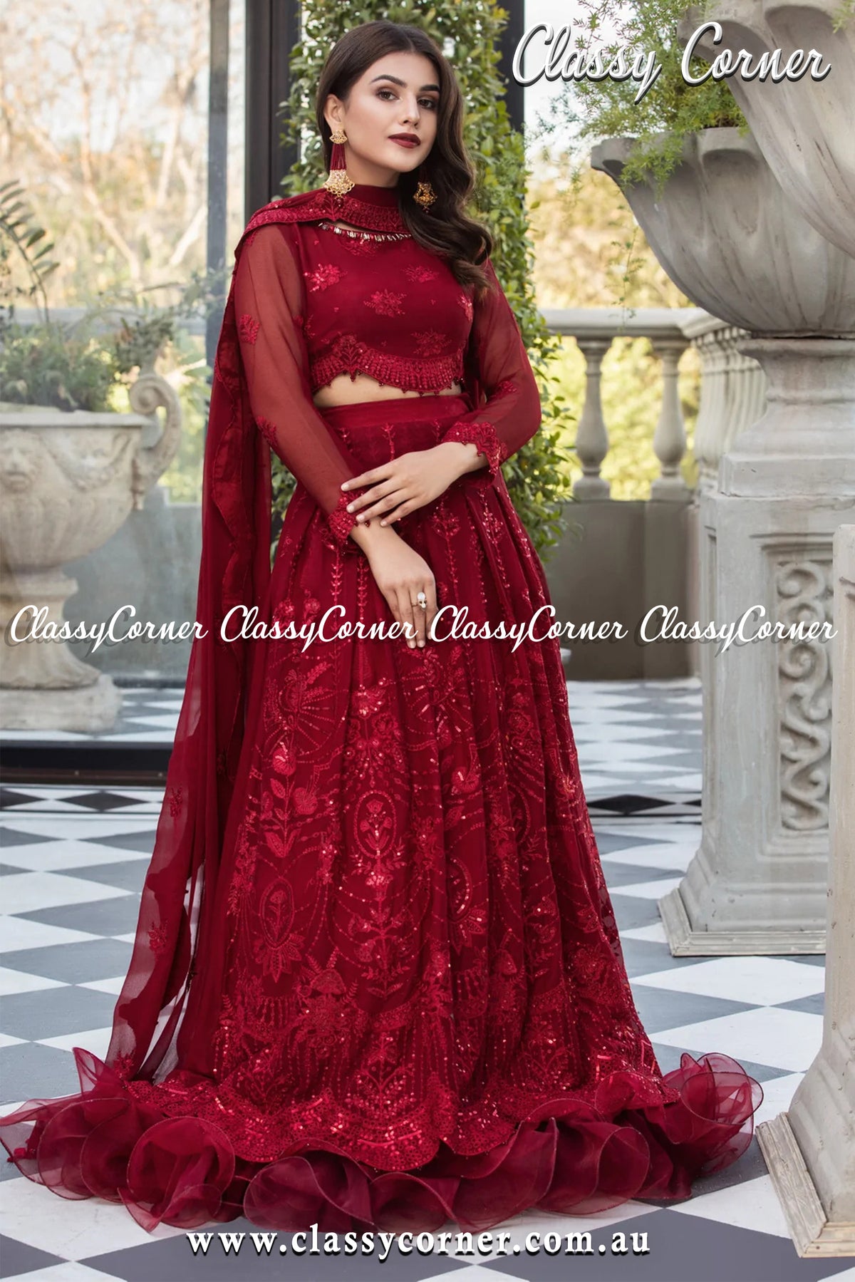 Maroon Chiffon Pakistani Lehenga Outfit - Classy Corner