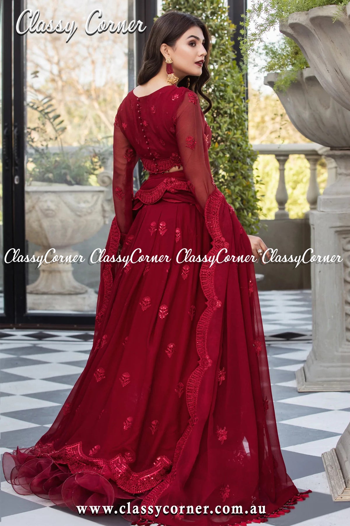 Maroon Chiffon Pakistani Lehenga Outfit - Classy Corner