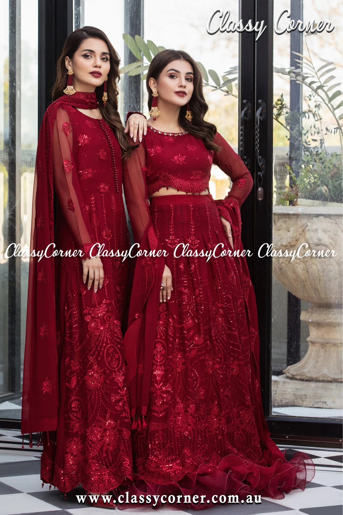 Maroon Chiffon Pakistani Lehenga Outfit - Classy Corner