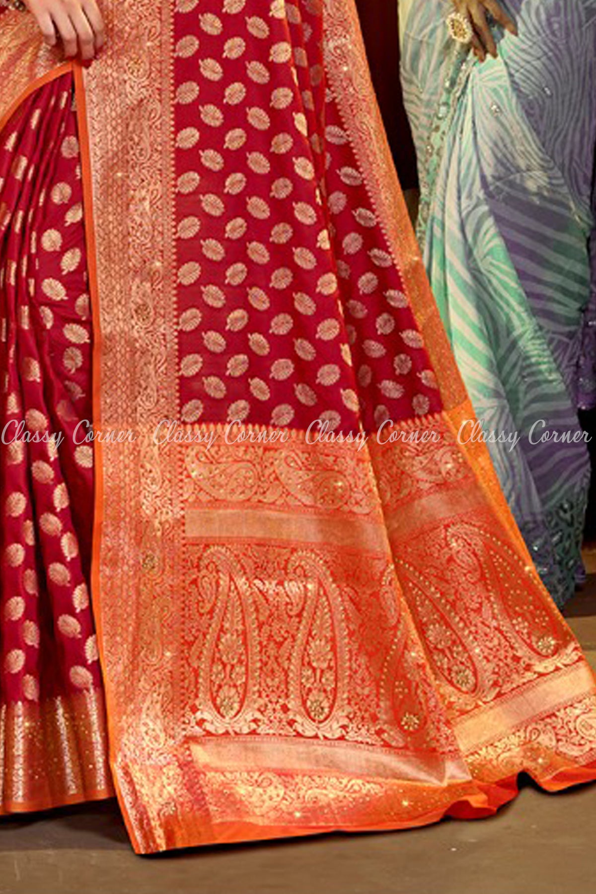 Maroon Red Banarasi Silk Saree with Golden Orange Border - Classy Corner