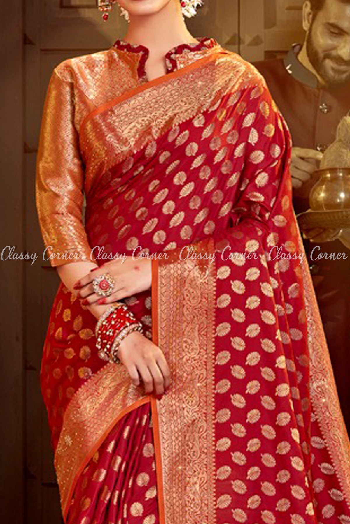 Maroon Red Banarasi Silk Saree with Golden Orange Border - Classy Corner