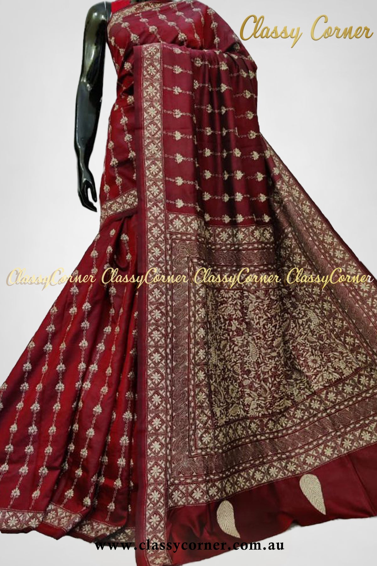 Maroon Beige Pure Silk Kantha Stitch Saree - Classy Corner