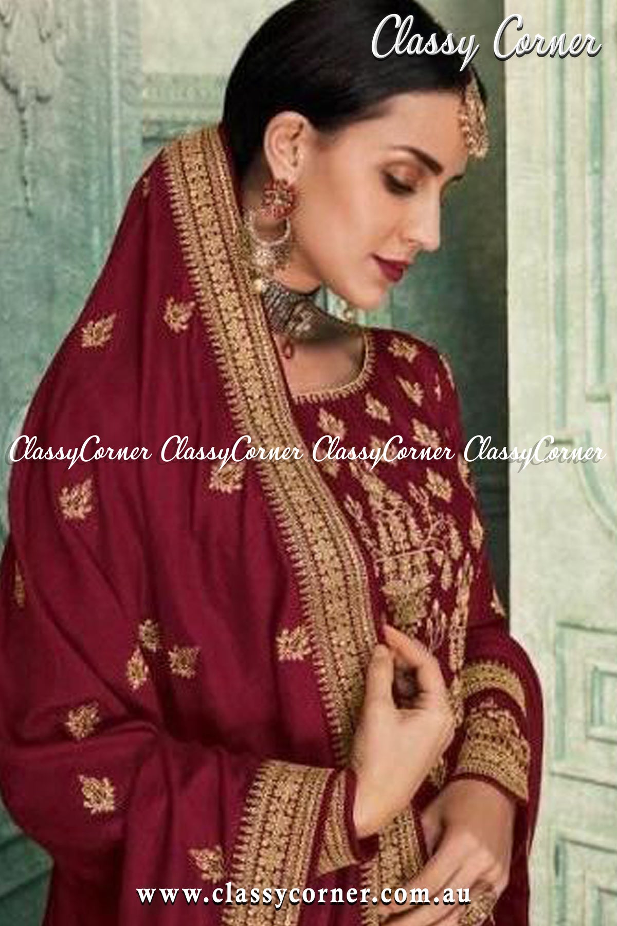 Maroon Red Silk Gown Dupatta - Classy Corner