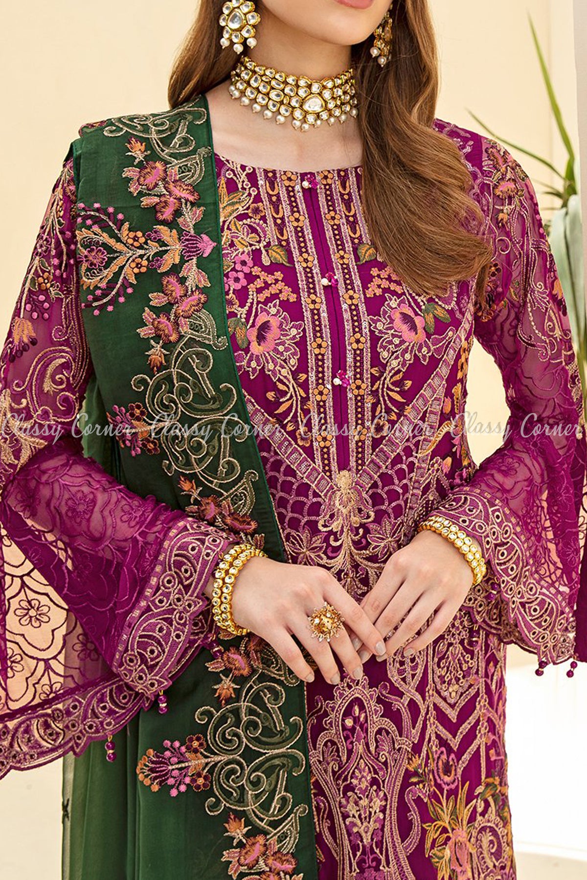 Magenta Green Chiffon Pakistani Formal Salwar Kameez - Classy Corner