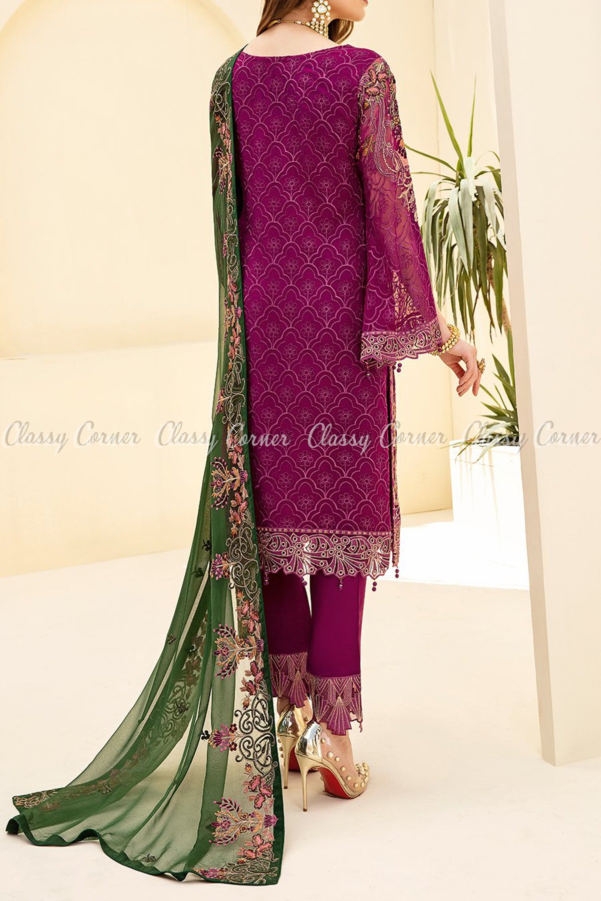 Magenta Green Chiffon Pakistani Formal Salwar Kameez - Classy Corner