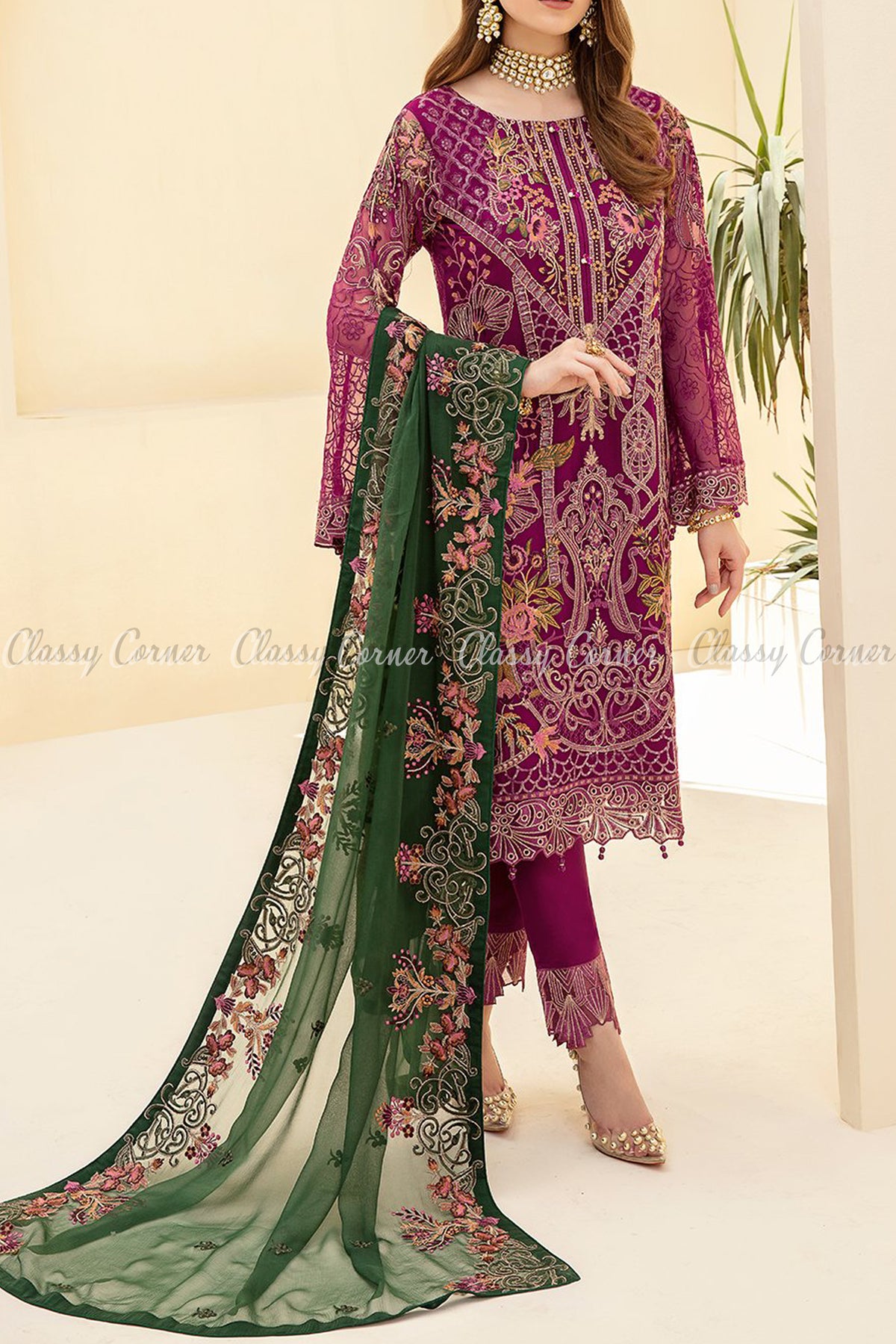 Magenta Green Chiffon Pakistani Formal Salwar Kameez - Classy Corner