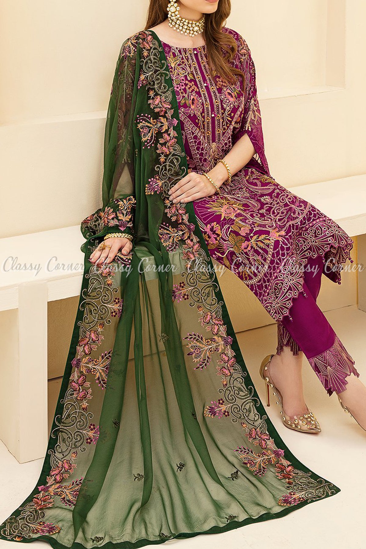 Magenta Green Chiffon Pakistani Formal Salwar Kameez - Classy Corner