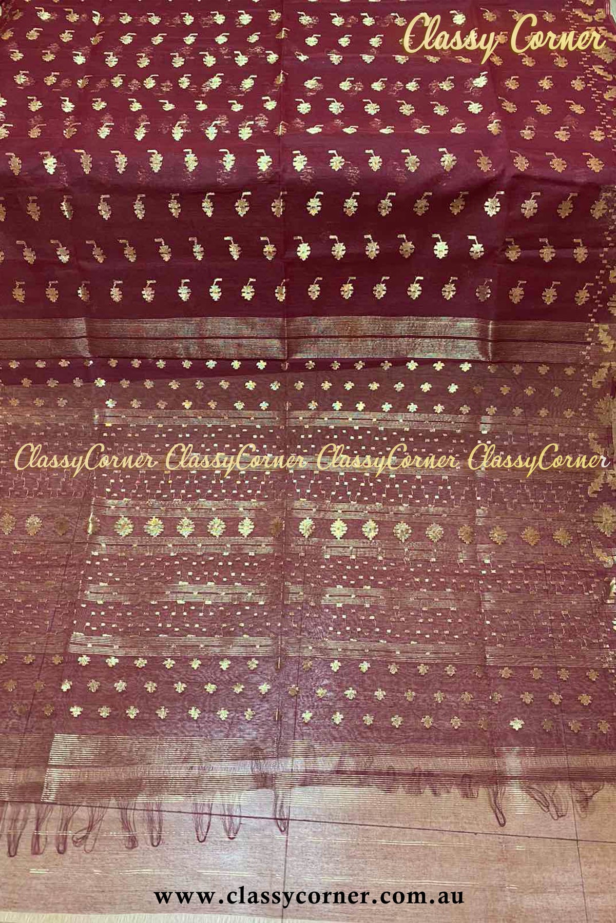 Matte Maroon Gold Jamdani Saree - Classy Corner