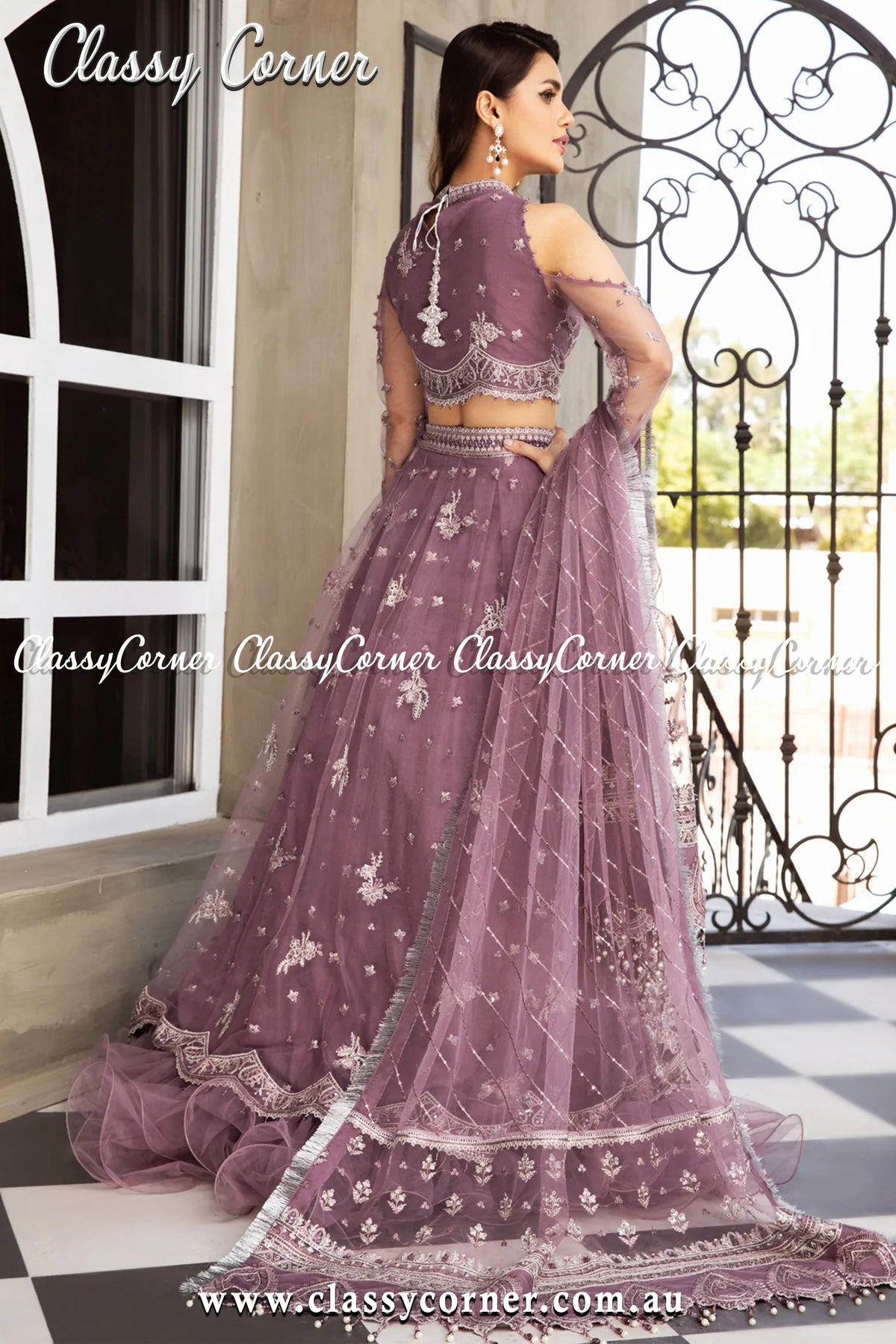 Mauve Silver Net Salwar kameez - Classy Corner