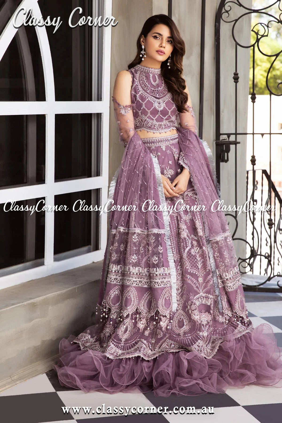 Mauve Silver Net Salwar kameez - Classy Corner