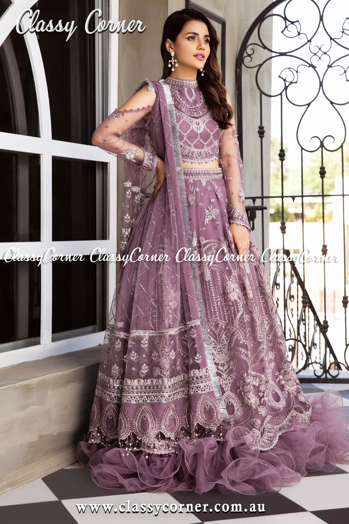 Mauve Silver Net Salwar kameez - Classy Corner