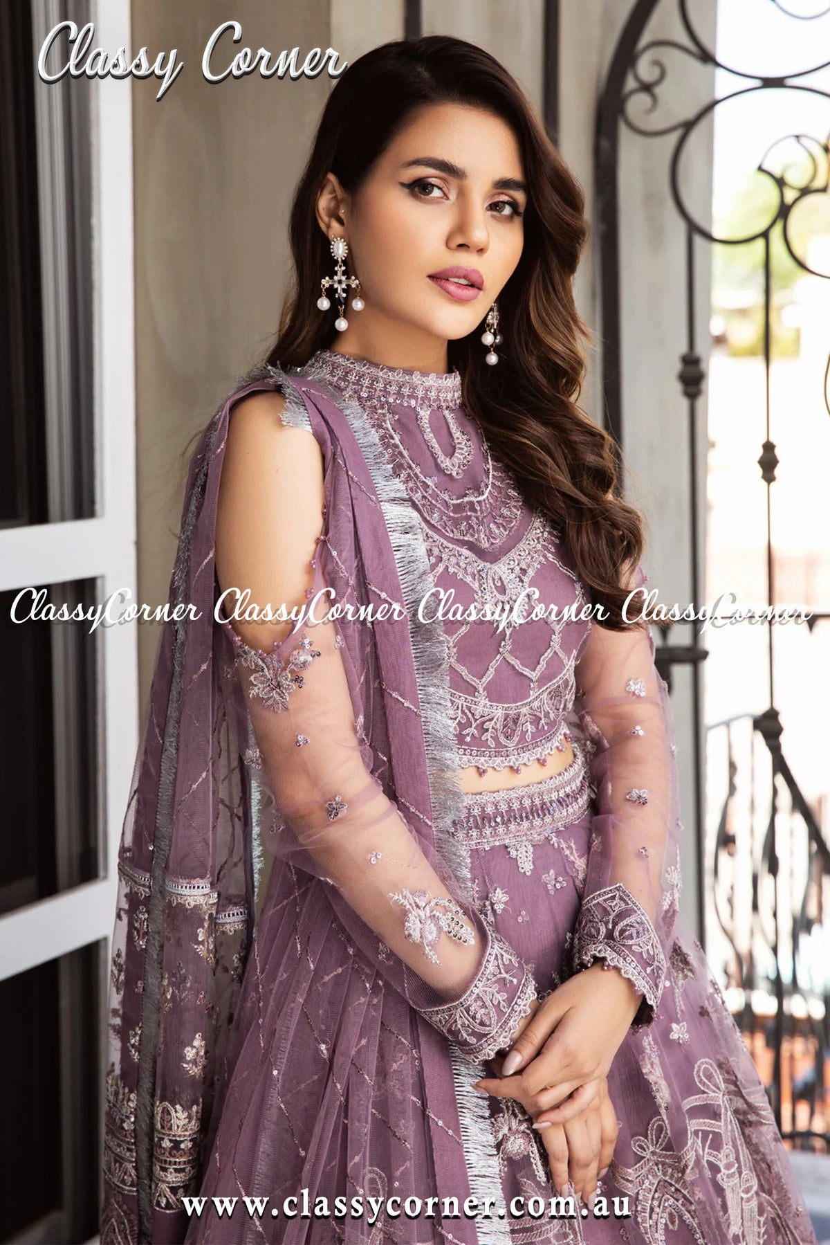 Mauve Silver Net Salwar kameez - Classy Corner