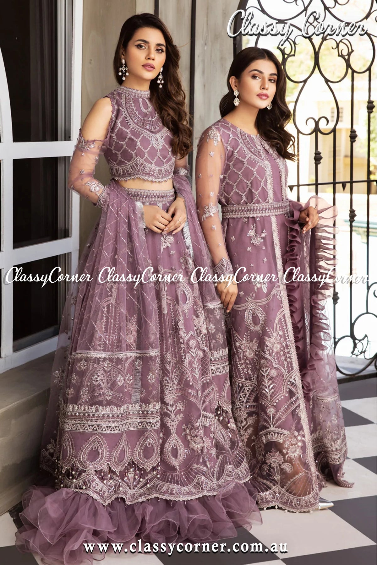 Mauve Silver Net Salwar kameez - Classy Corner