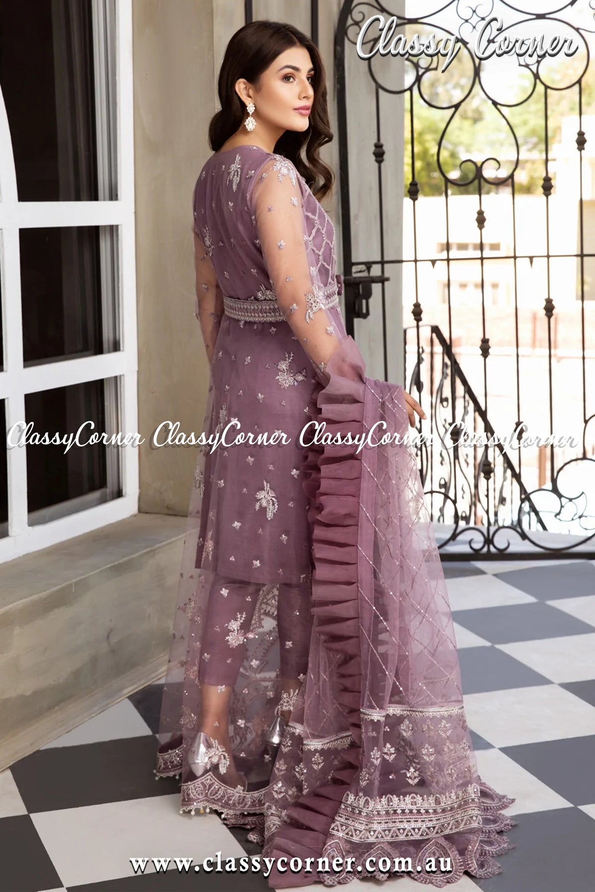 Mauve Silver Net Salwar kameez - Classy Corner