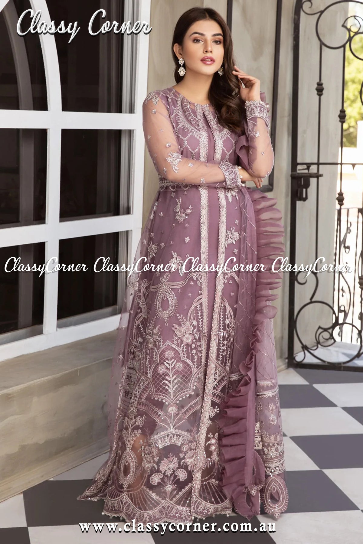 Mauve Silver Net Salwar kameez - Classy Corner