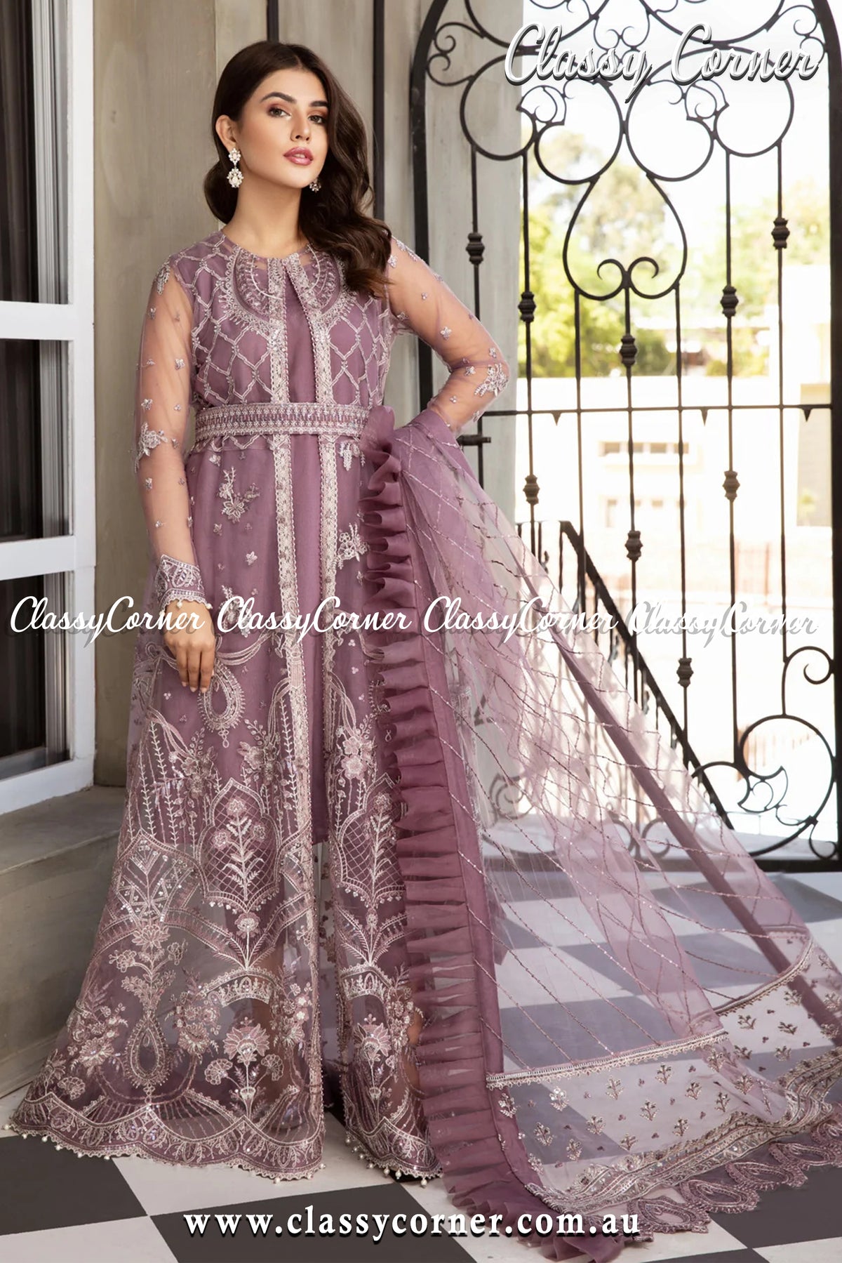 Mauve Silver Net Salwar kameez - Classy Corner