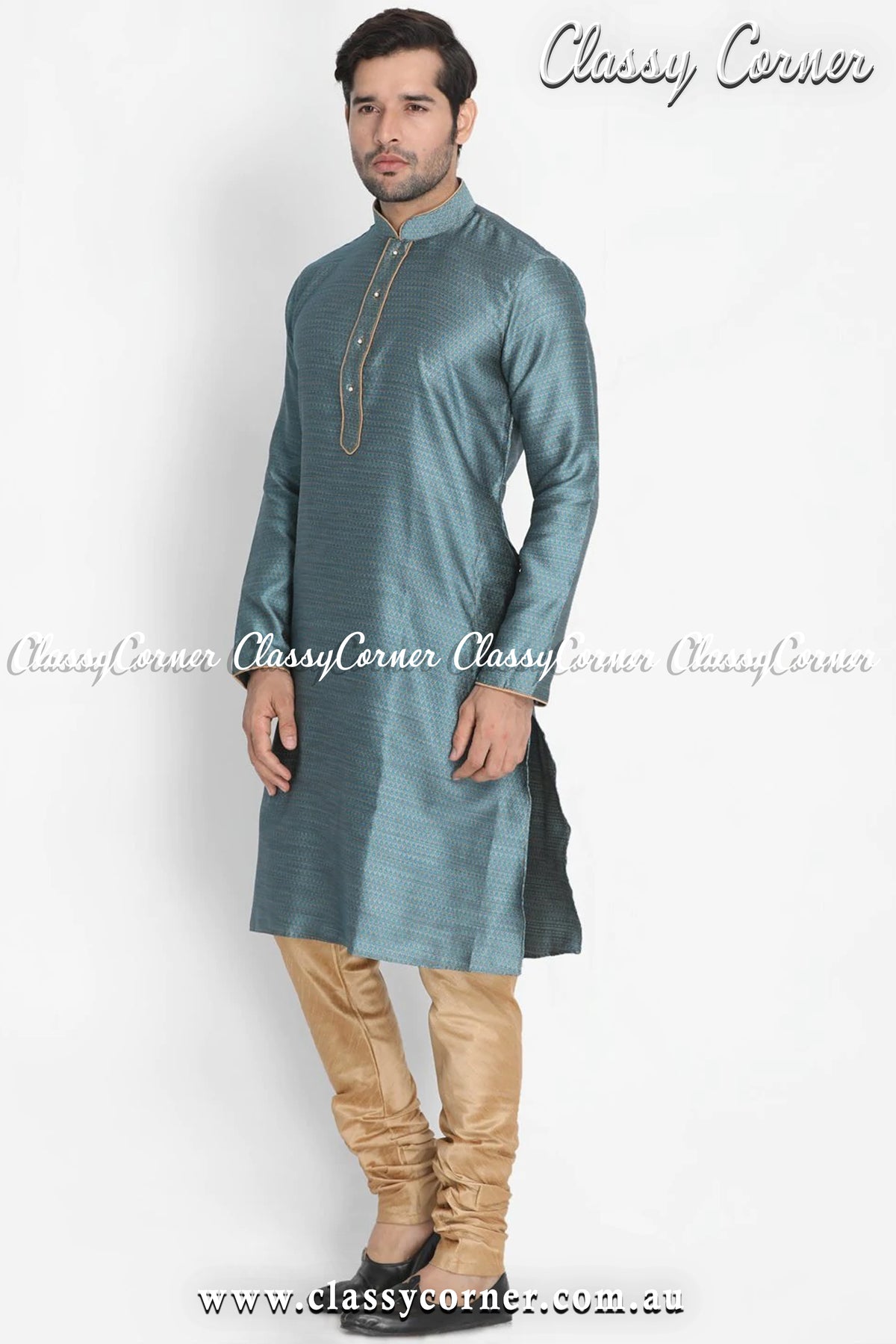 Men&#39;s Aqua Blue Kurta Rose Gold Churidar Set - Classy Corner