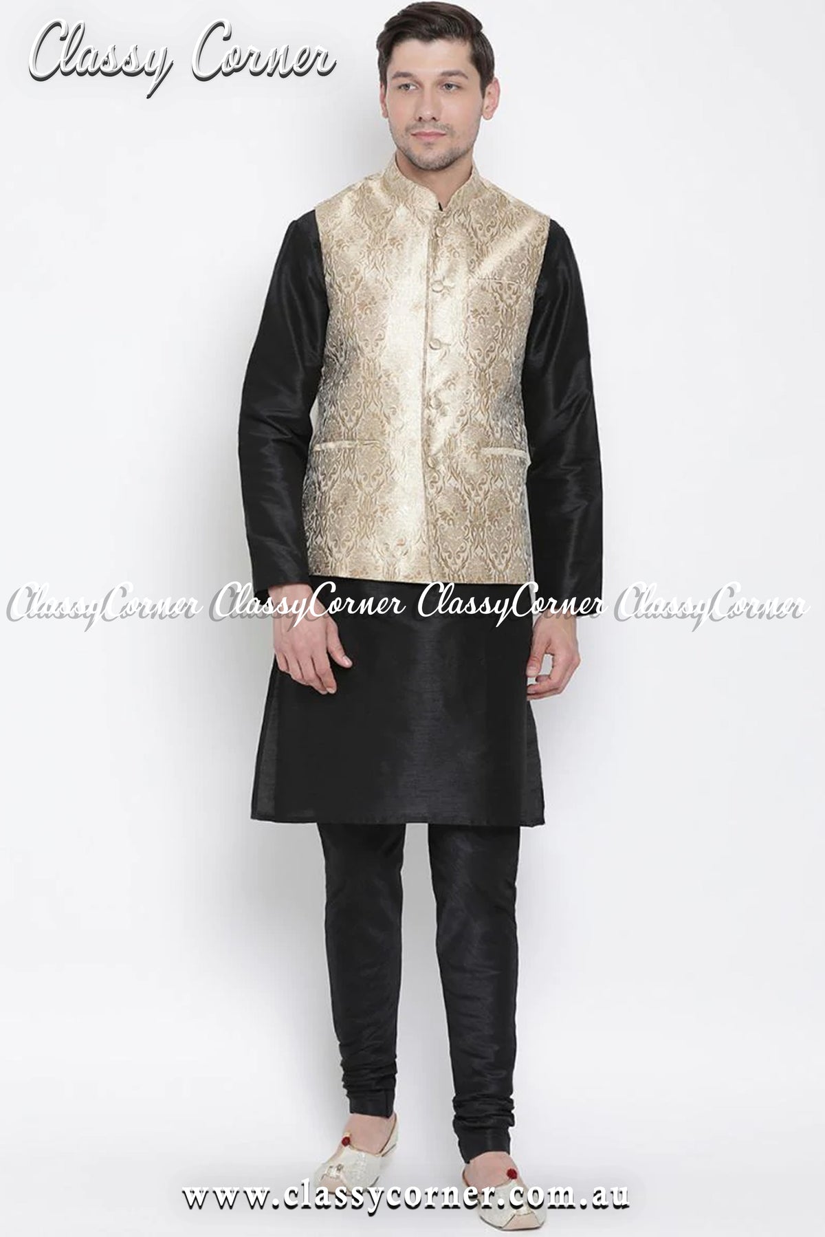 Men&#39;s Golden Beige Vest Ethnic Jacket - Classy Corner