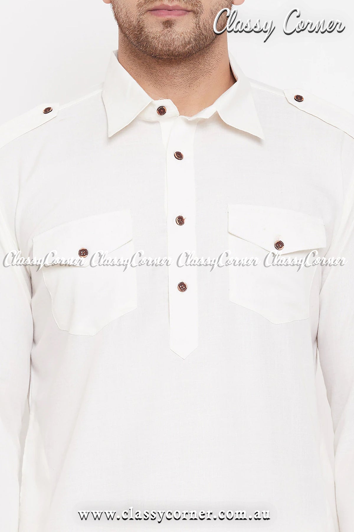 Men&#39;s White Cream Pathani Suit Set - Classy Corner
