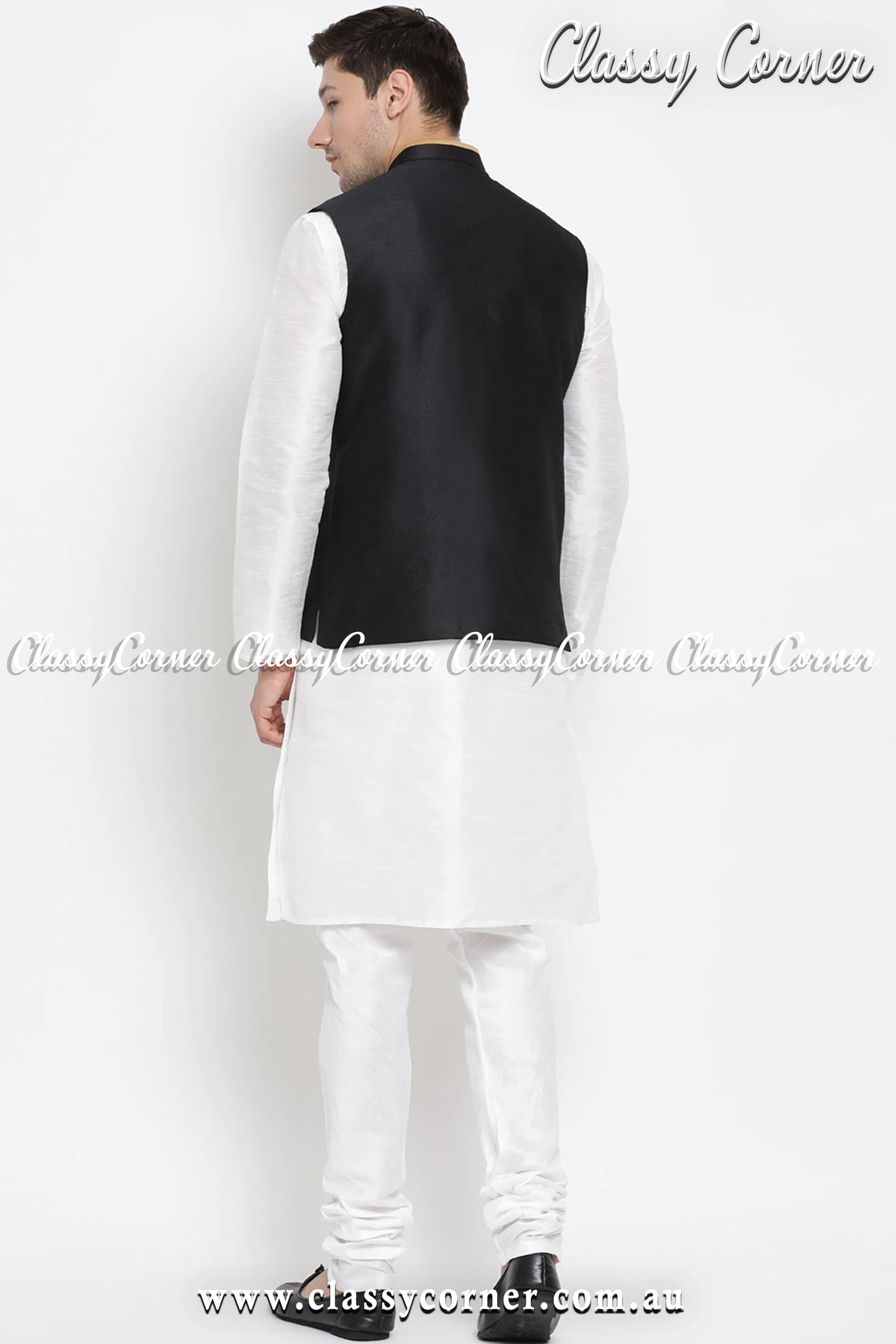 Men&#39;s White Kurta Pyjama Black Gold Vest Set - Classy Corner