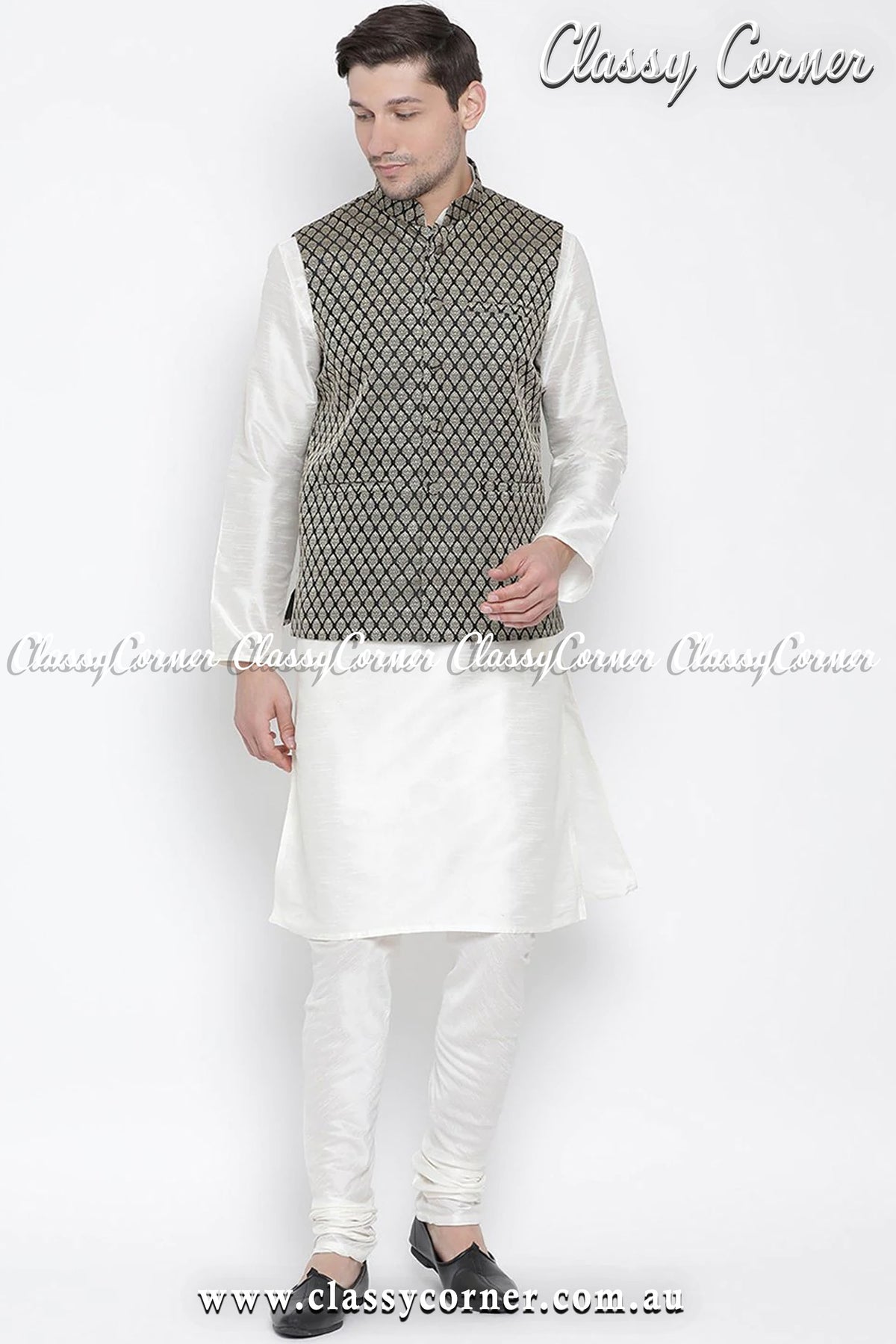 Men&#39;s White Kurta Pyjama Black Vest Set - Classy Corner