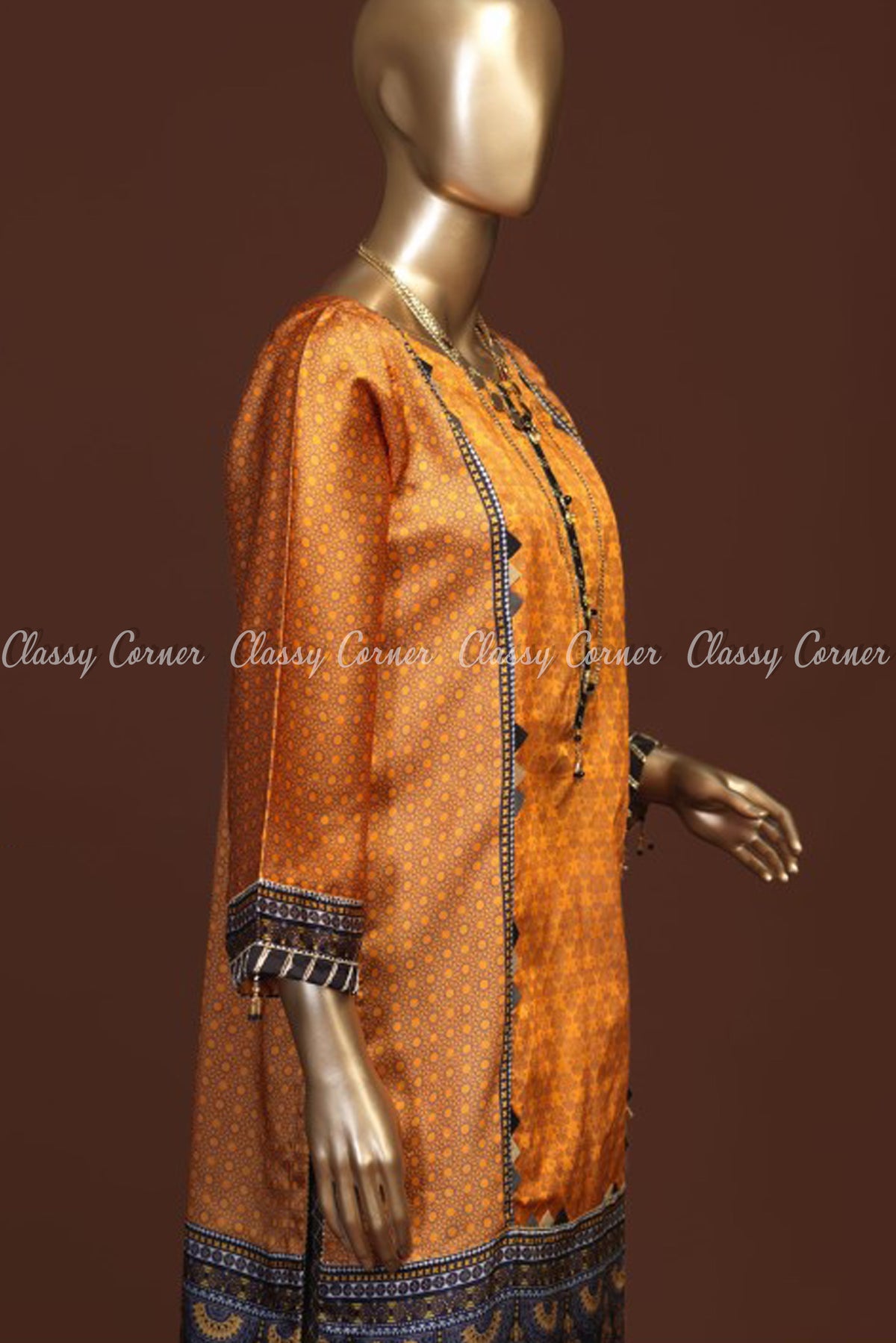 Minimalist Royal Print Design Orange Silk Kurti - Classy Corner