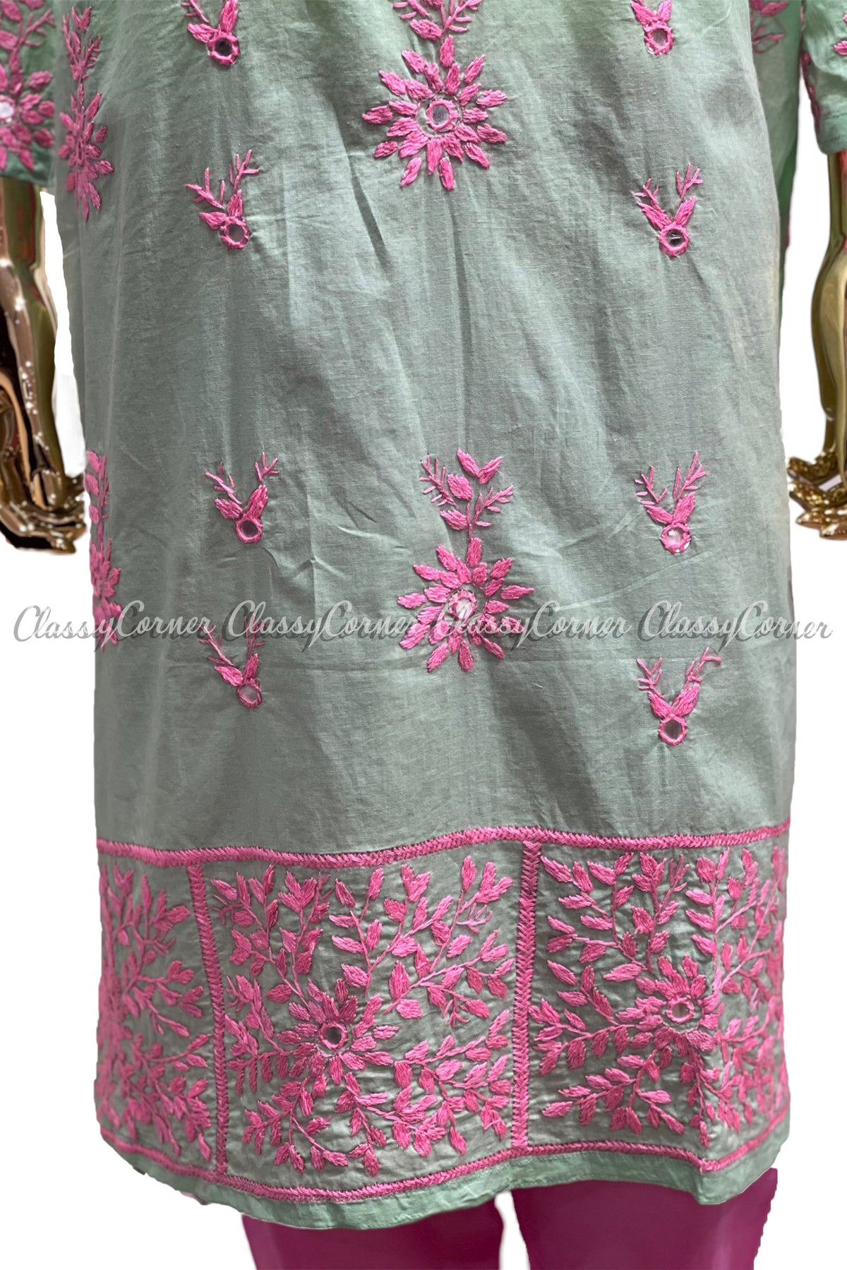 Mint Green Pink Hand Embroidered Cotton Salwar Kameez Set - Classy Corner