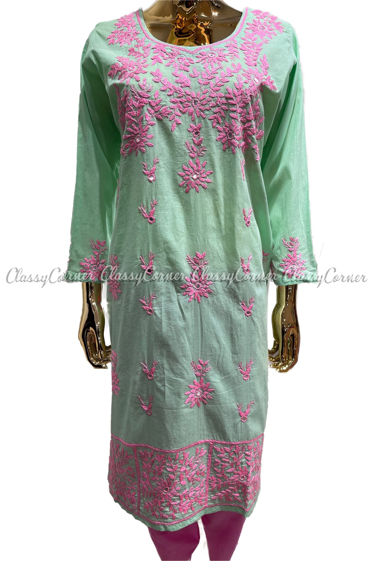 Mint Green Pink Hand Embroidered Cotton Salwar Kameez Set - Classy Corner