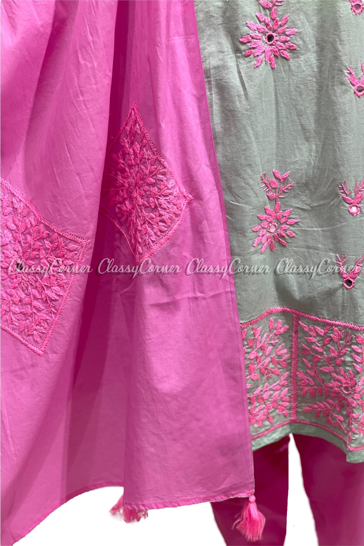 Mint Green Pink Hand Embroidered Cotton Salwar Kameez Set - Classy Corner