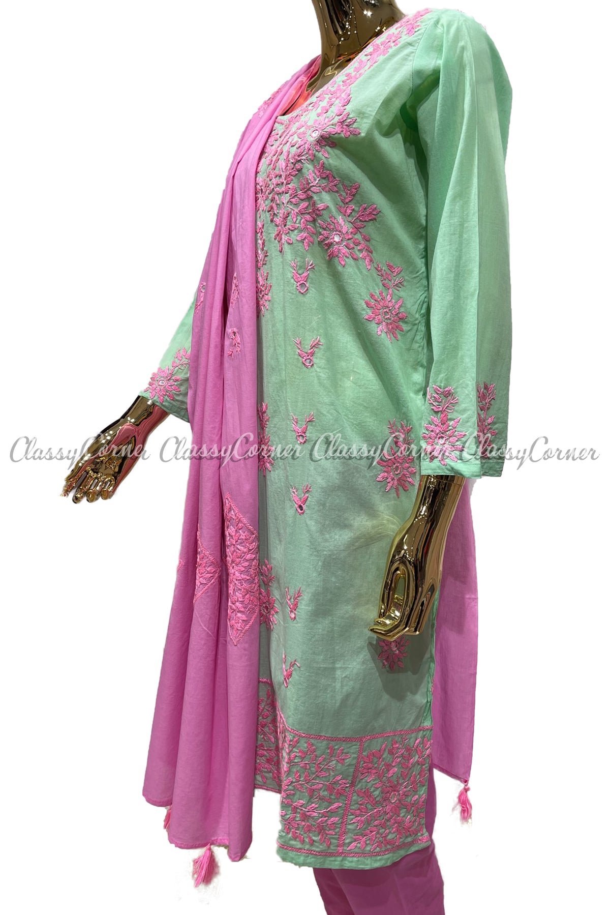 Mint Green Pink Hand Embroidered Cotton Salwar Kameez Set - Classy Corner