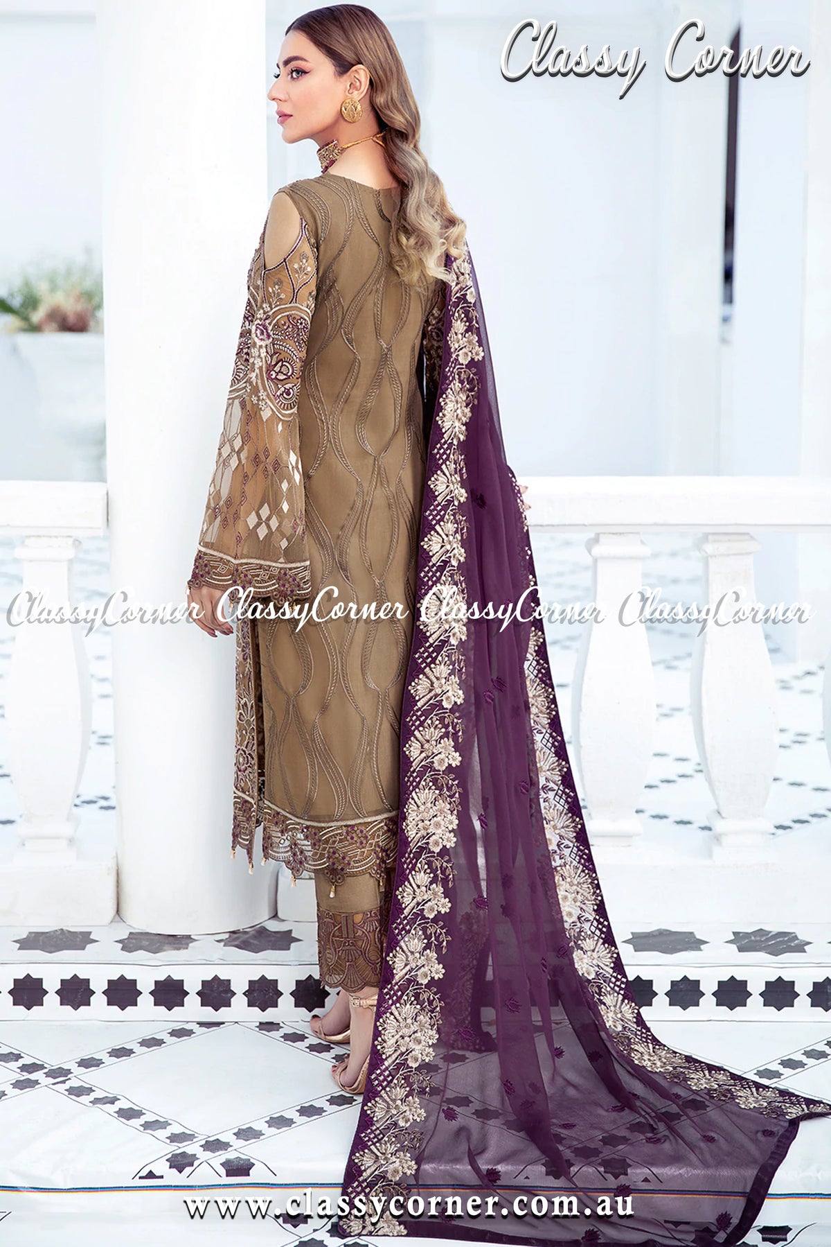 Mocha Plum Chiffon Pakistani Formal Salwar Kameez - Classy Corner