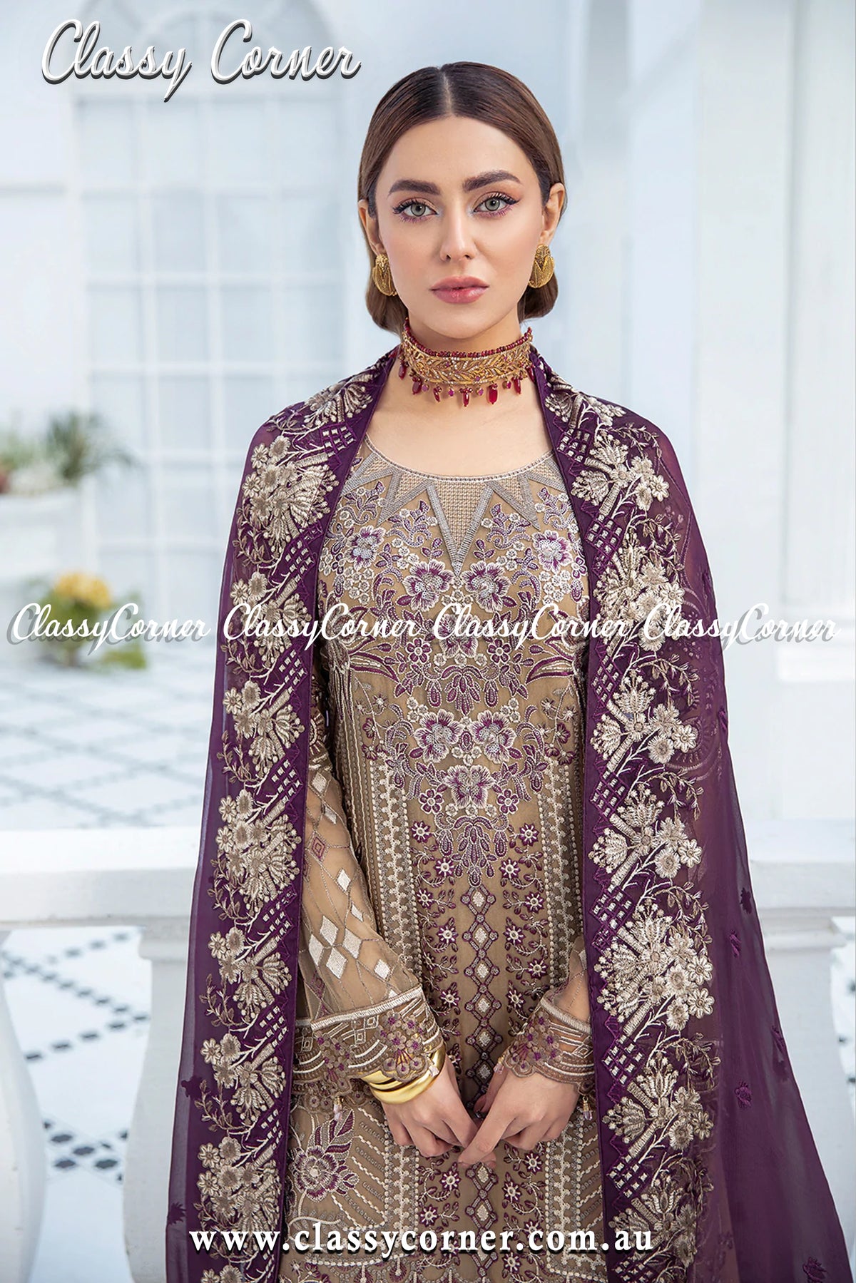 Mocha Plum Chiffon Pakistani Formal Salwar Kameez - Classy Corner